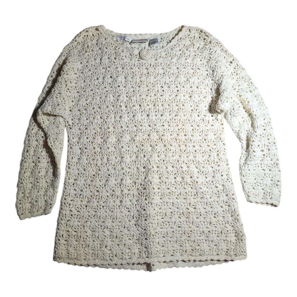 Vtg 1990s Crazy Horse Ivory Cotton Blend Open Knit Rosette Detail Sweater Sz L